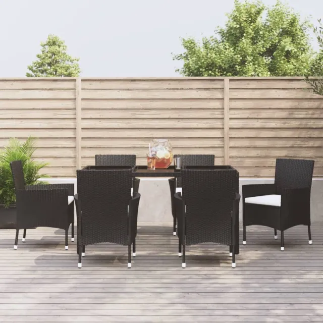 Ensemble à manger de jardin coussins 7pcs Noir Résine tressée