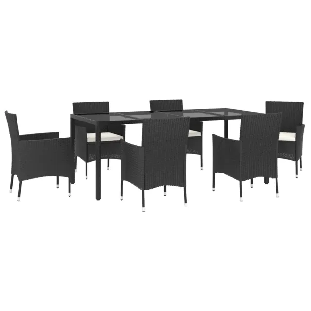 Ensemble à manger de jardin coussins 7pcs Noir Résine tressée
