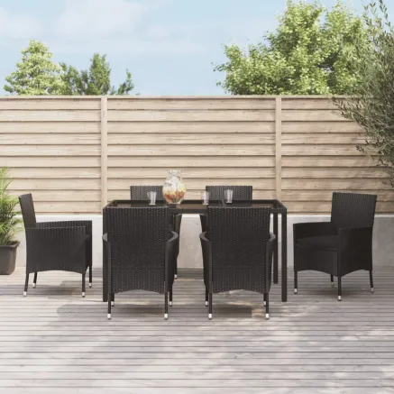 Ensemble à manger de jardin coussins 7pcs Noir Résine tressée