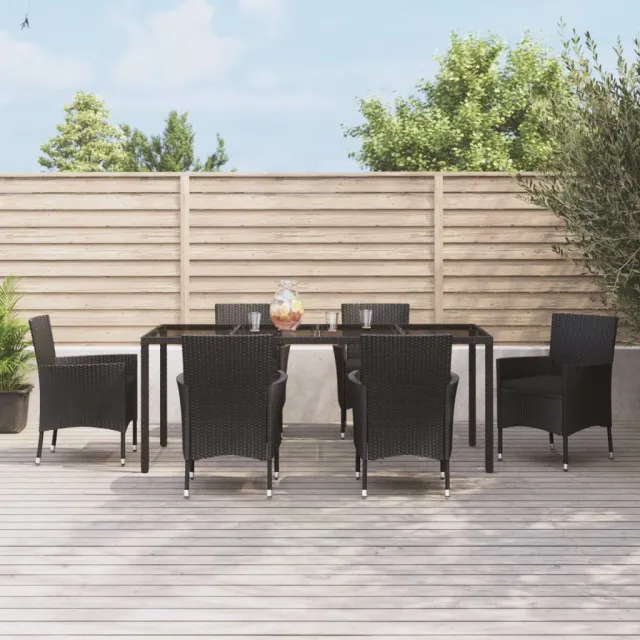 Ensemble à manger de jardin coussins 7pcs Noir Résine tressée