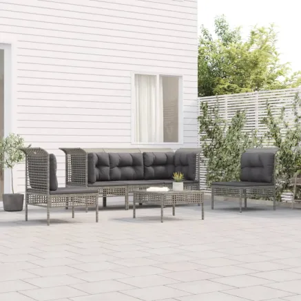 Salon de jardin 6 pcs avec coussins Gris Résine tressée