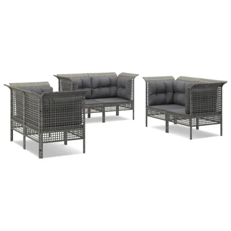 Salon de jardin 6 pcs avec coussins Gris Résine tressée