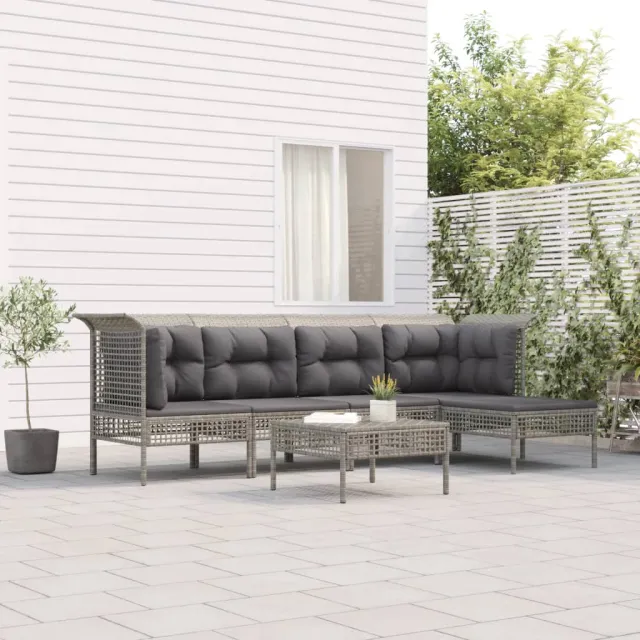 Salon de jardin 6 pcs avec coussins Gris Résine tressée