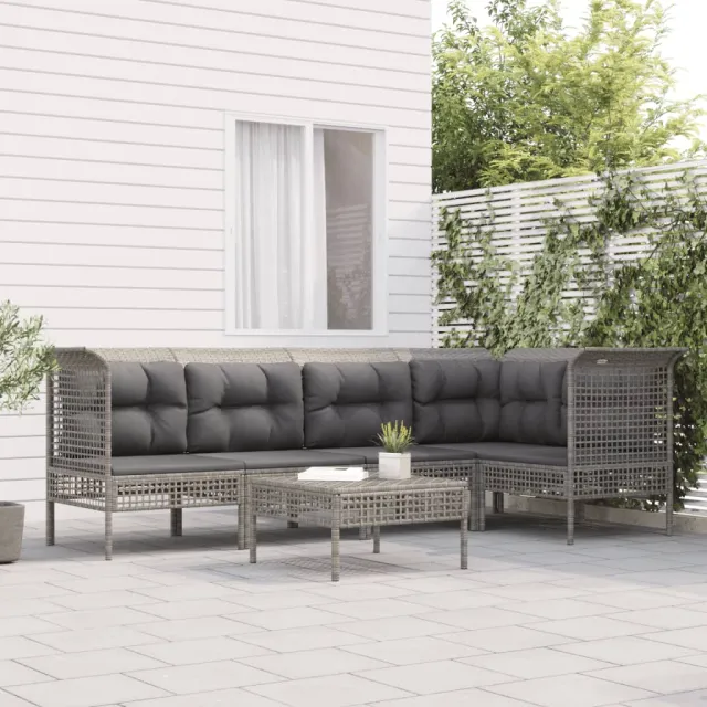 Salon de jardin 6 pcs avec coussins Gris Résine tressée