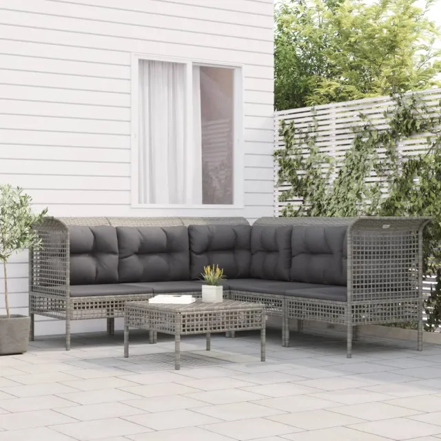Salon de jardin 6 pcs avec coussins Gris Résine tressée