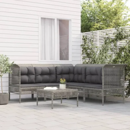 Salon de jardin 6 pcs avec coussins Gris Résine tressée