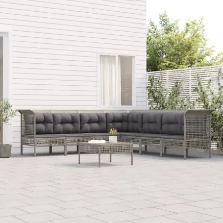 Salon de jardin 8 pcs avec coussins Gris Résine tressée