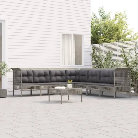 Salon de jardin 8 pcs avec coussins Gris Résine tressée