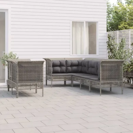 Salon de jardin 7 pcs avec coussins Gris Résine tressée