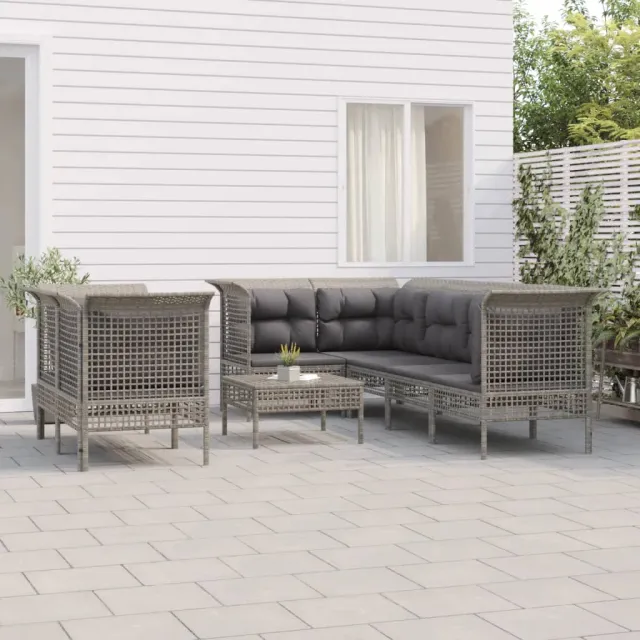 Salon de jardin 8 pcs avec coussins Gris Résine tressée