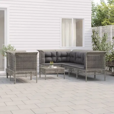 Salon de jardin 8 pcs avec coussins Gris Résine tressée