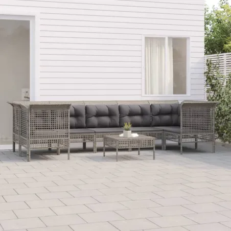 Salon de jardin 8 pcs avec coussins Gris Résine tressée