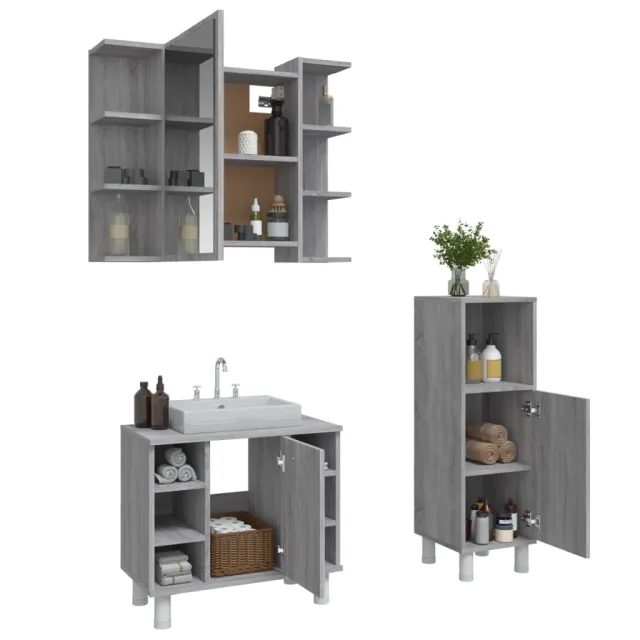 Ensemble d'armoires de salle de bain 3 pcs sonoma gris