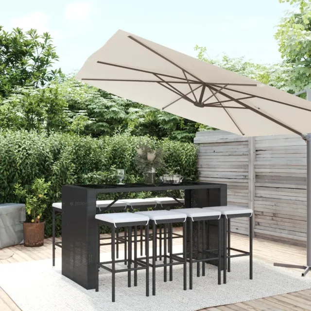 Ensemble de bar de jardin 9 pcs avec coussins noir poly rotin