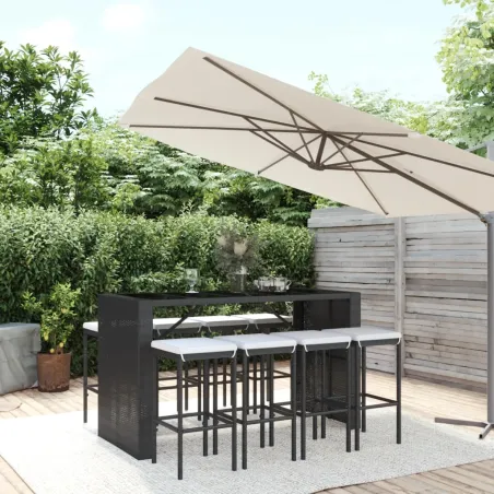 Ensemble de bar de jardin 9 pcs avec coussins noir poly rotin