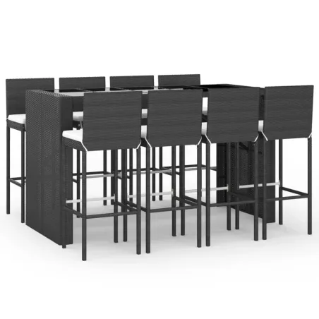 Ensemble de bar de jardin 9 pcs avec coussins noir poly rotin