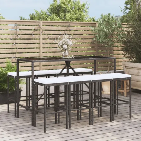 Ensemble de bar de jardin 9 pcs avec coussins noir poly rotin