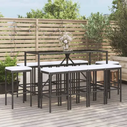 Ensemble de bar de jardin 11 pcs avec coussins noir poly rotin