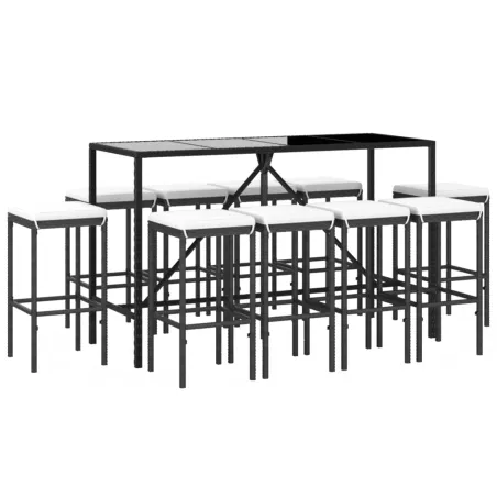 Ensemble de bar de jardin 11 pcs avec coussins noir poly rotin