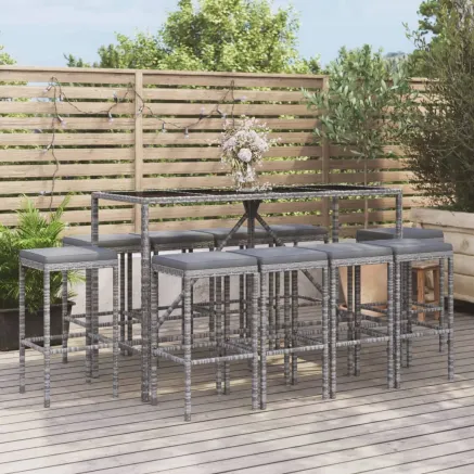 Ensemble de bar de jardin 11 pcs avec coussins gris poly rotin