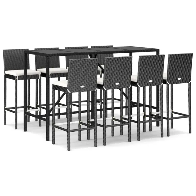 Ensemble de bar de jardin 9 pcs avec coussins noir poly rotin