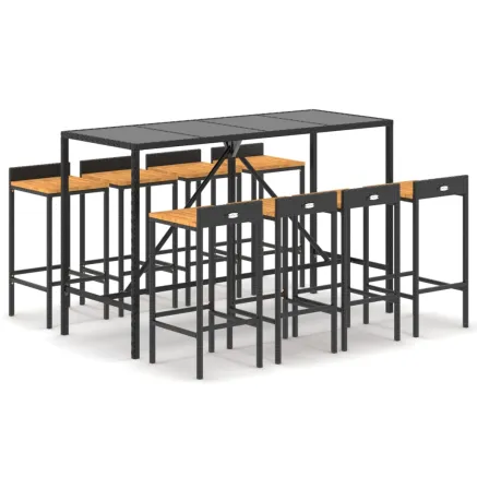 Ensemble de bar jardin 9 pcs noir poly rotin/bois massif acacia 2