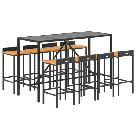 Ensemble de bar jardin 9 pcs noir poly rotin/bois massif acacia