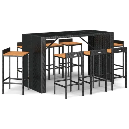 Ensemble de bar jardin 9 pcs noir poly rotin/bois massif acacia