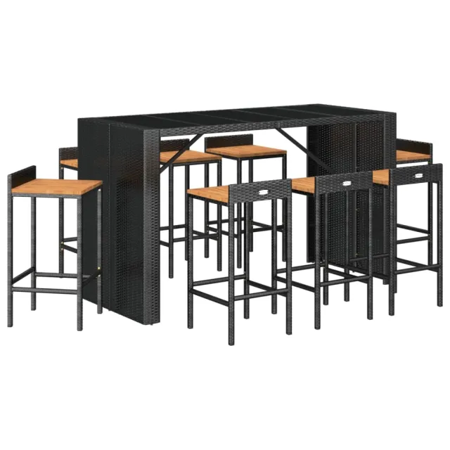 Ensemble de bar jardin 9 pcs noir poly rotin/bois massif acacia