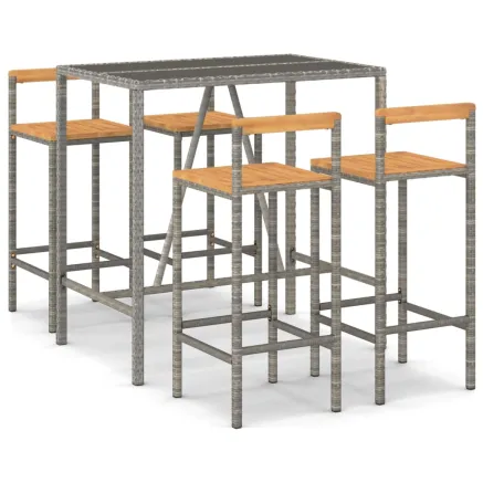 Ensemble de bar jardin 5 pcs gris poly rotin/bois massif acacia 2