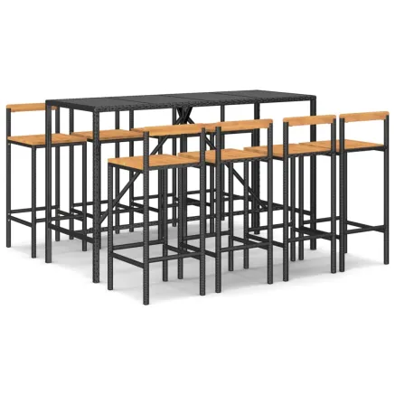 Ensemble de bar jardin 9 pcs noir poly rotin/bois massif acacia 2