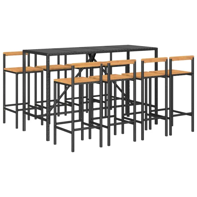 Ensemble de bar jardin 9 pcs noir poly rotin/bois massif acacia
