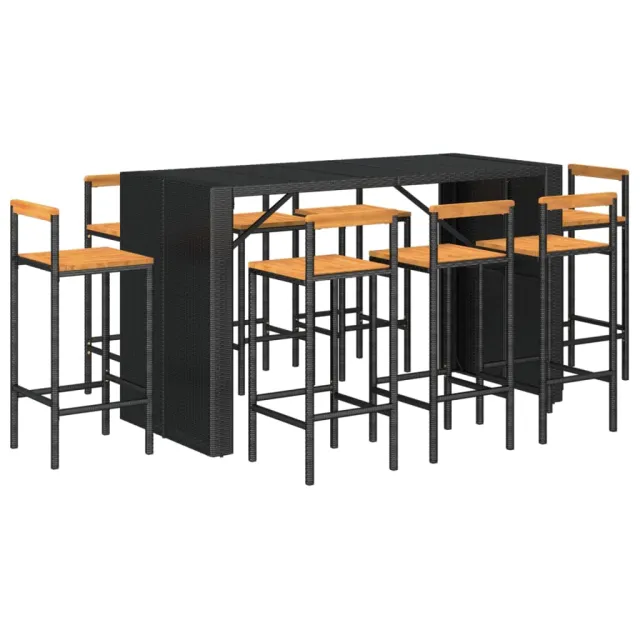 Ensemble de bar jardin 9 pcs noir poly rotin/bois massif acacia