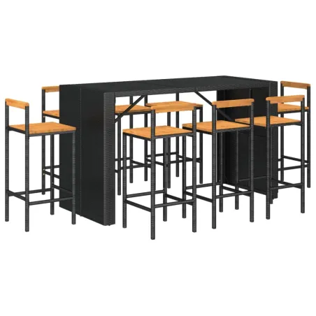 Ensemble de bar jardin 9 pcs noir poly rotin/bois massif acacia