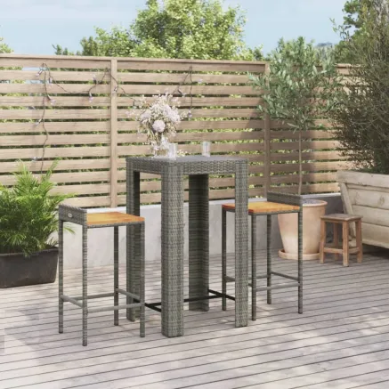 Ensemble de bar jardin 3 pcs gris poly rotin/bois massif acacia