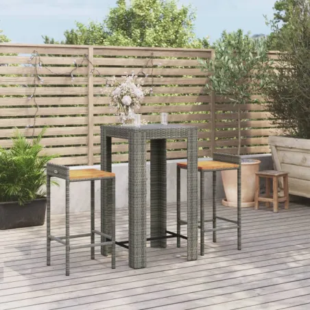 Ensemble de bar jardin 3 pcs gris poly rotin/bois massif acacia