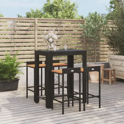 Ensemble de bar jardin 5 pcs noir poly rotin/bois massif acacia