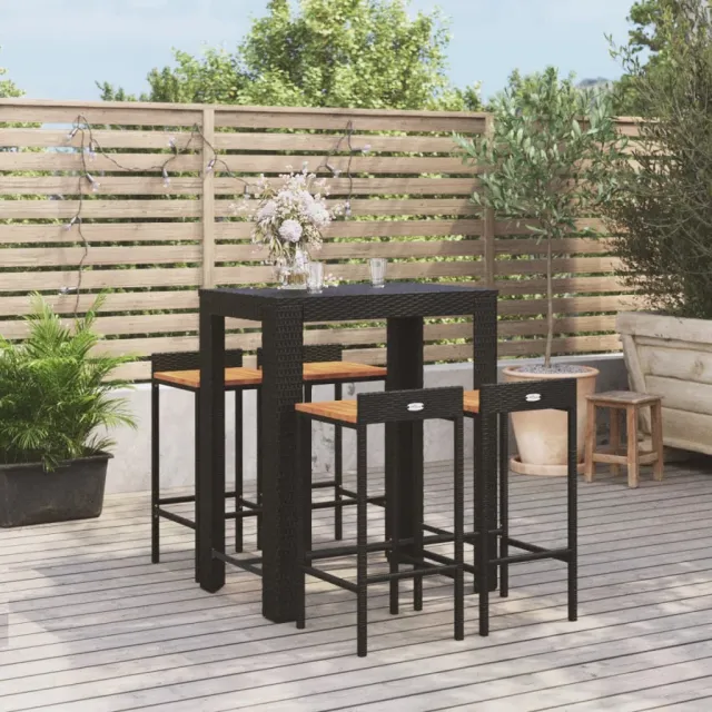 Ensemble de bar jardin 5 pcs noir poly rotin/bois massif acacia