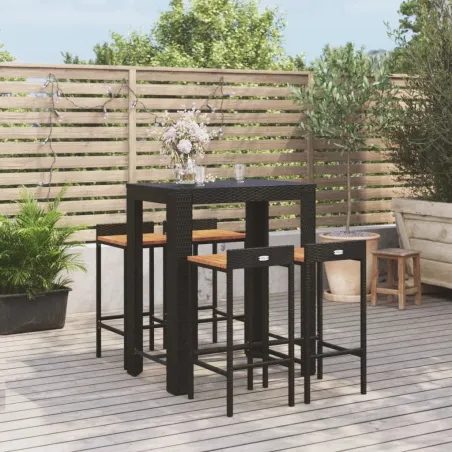 Ensemble de bar jardin 5 pcs noir poly rotin/bois massif acacia