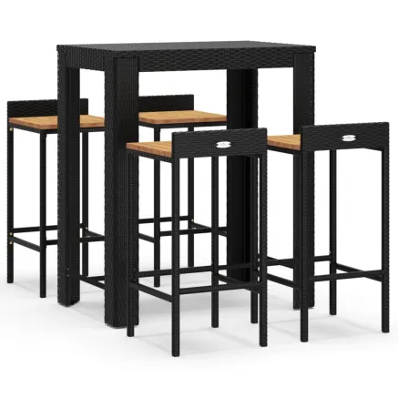Ensemble de bar jardin 5 pcs noir poly rotin/bois massif acacia 2
