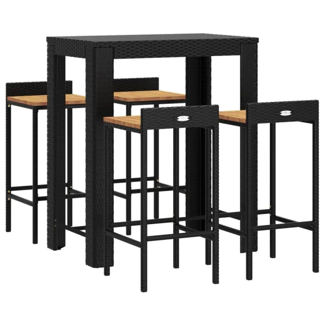 Ensemble de bar jardin 5 pcs noir poly rotin/bois massif acacia