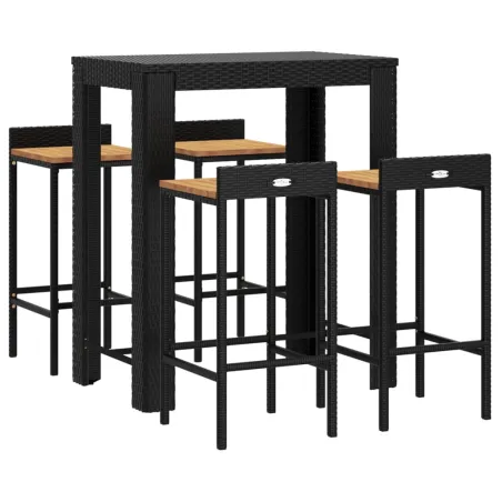 Ensemble de bar jardin 5 pcs noir poly rotin/bois massif acacia