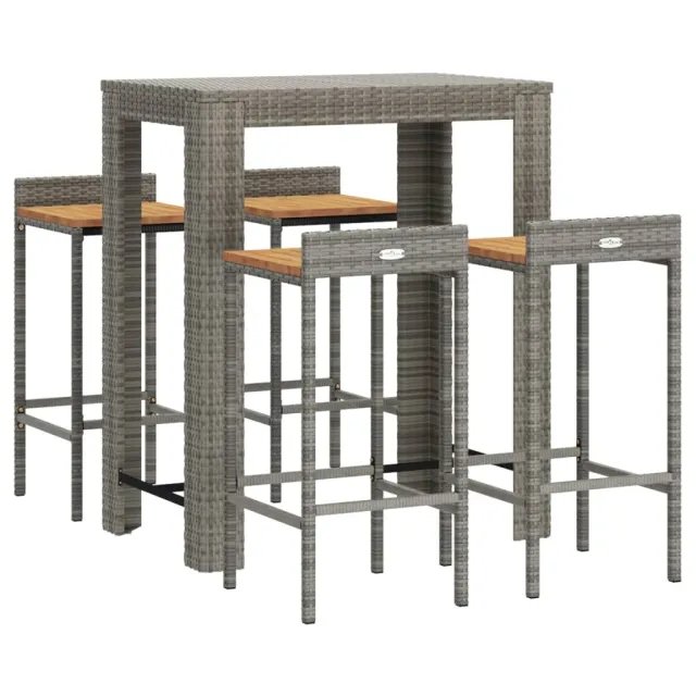 Ensemble de bar jardin 5 pcs gris poly rotin/bois massif acacia