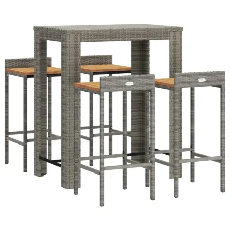 Ensemble de bar jardin 5 pcs gris poly rotin/bois massif acacia