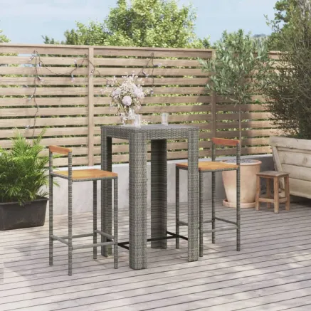 Ensemble de bar jardin 3 pcs gris poly rotin/bois massif acacia