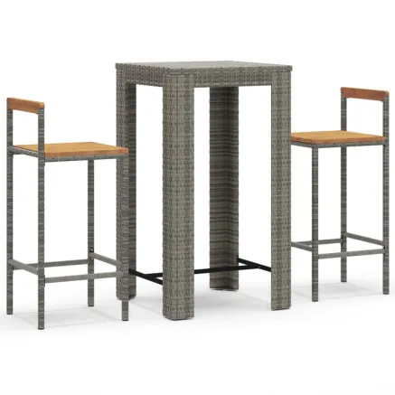 Ensemble de bar jardin 3 pcs gris poly rotin/bois massif acacia 2