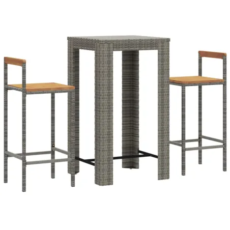 Ensemble de bar jardin 3 pcs gris poly rotin/bois massif acacia