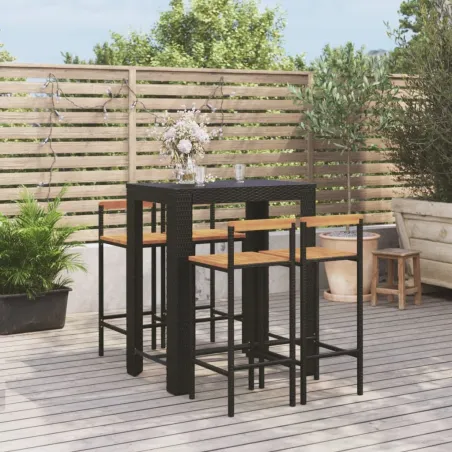 Ensemble de bar jardin 5 pcs noir poly rotin/bois massif acacia