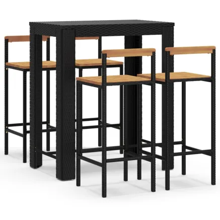 Ensemble de bar jardin 5 pcs noir poly rotin/bois massif acacia 2