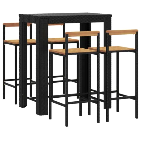 Ensemble de bar jardin 5 pcs noir poly rotin/bois massif acacia